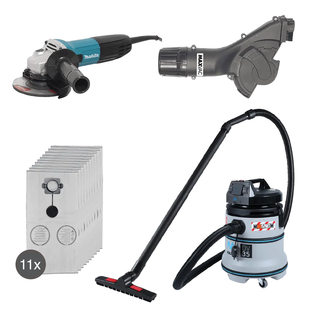 Makita 115mm Angle Grinder, MAXVAC Dust Shroud & DV35-MB Vacuum Complete Package, Pre-Installed