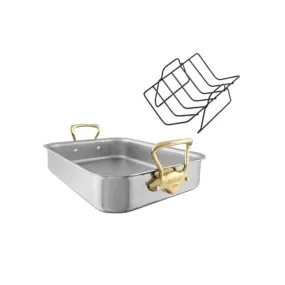 Mauviel Stainless Steel Roasting Pan With Rack, Brass Handles, 13.7 x 9.8-In