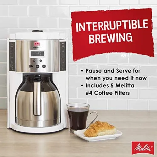 Melitta Aroma Enhance Drip Coffee Maker with Double Wall Vacuum Stainless Steel Carafe | Capacity: 10 cups | Includes 5 Melitta Coffee Filters #4 (White)