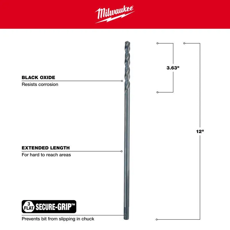 Milwaukee 3/8 in. X 12 in. L Aircraft Length Drill Bit 3-Flat Shank 1 pc