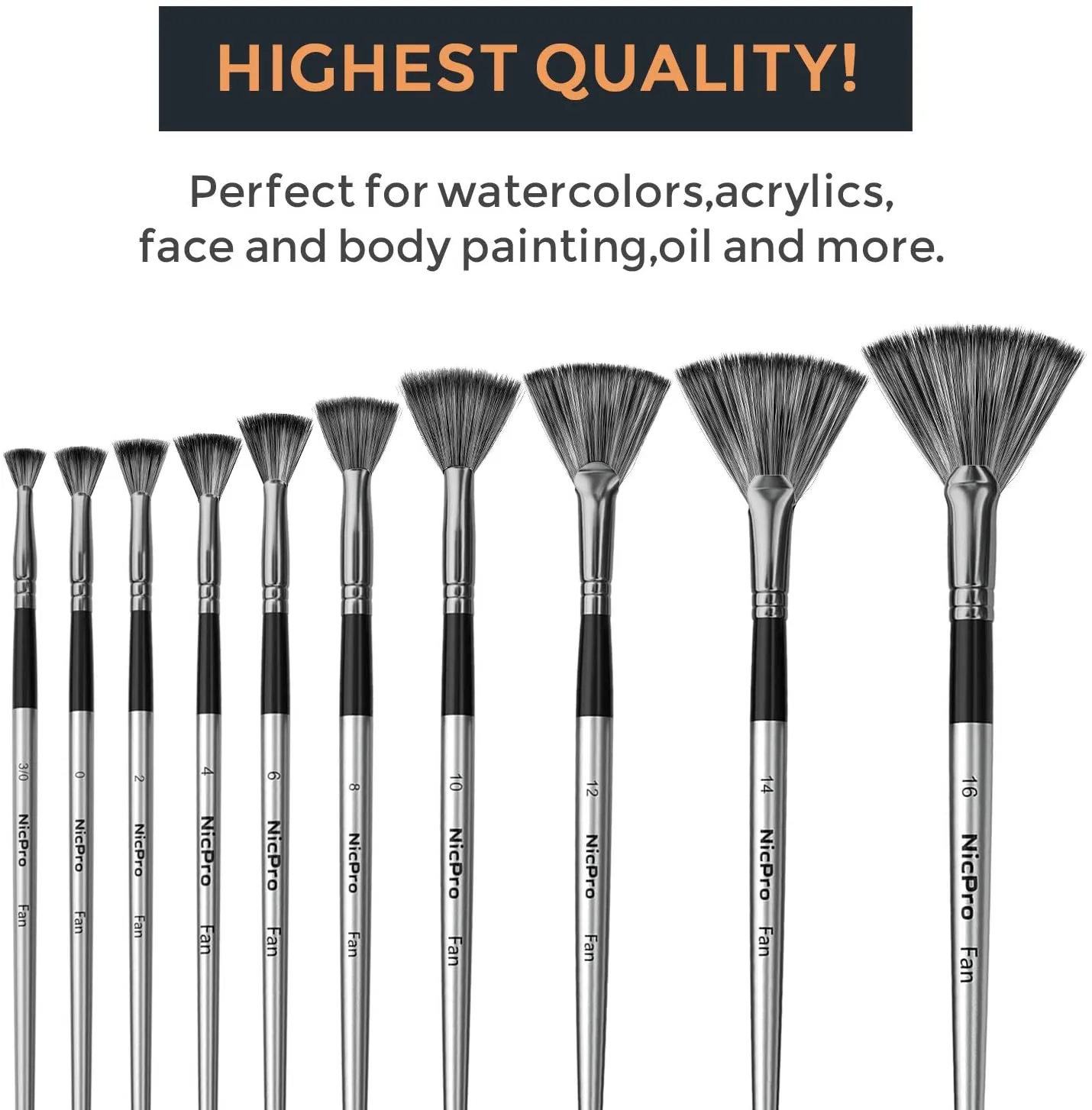 Nicpro Fan Paint Brushes 10 PCS Artist Painting Brush Set Soft Anti-Shedding Nylon Hair Wood Short Handle for Acrylic Watercolor Oil Painting