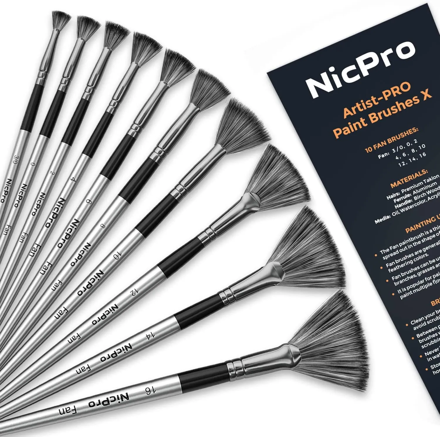 Nicpro Fan Paint Brushes 10 PCS Artist Painting Brush Set Soft Anti-Shedding Nylon Hair Wood Short Handle for Acrylic Watercolor Oil Painting