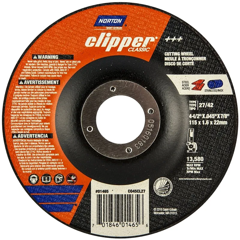 Norton Clipper Classic A AO Series 70184601465 Cut-Off Wheel, 4-1/2 in Dia, 0.045 in Thick, 7/8 in Arbor, 1/EA :EA: QUANTITY: 1