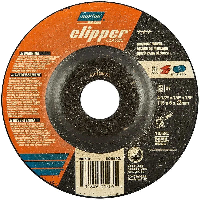 Norton Clipper Classic A AO Series 70184601505 Grinding Wheel, 4-1/2 in Dia, 1/4 in Thick, 7/8 in Arbor :EA: QUANTITY: 1