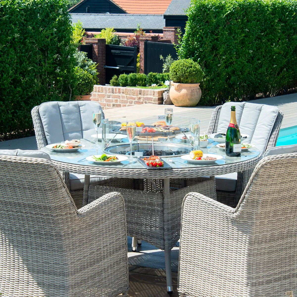 Oxford Venice 6 Seat Round Grey Rattan Garden Dining Set with LPG FirePit and Lasy Susan