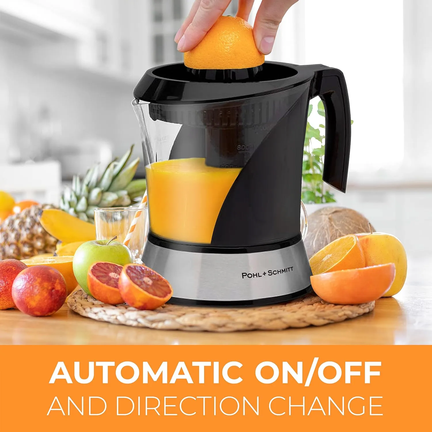 Pohl Schmitt Deco-Line Electric Citrus Juicer Machine Extractor - Large Capacity 34oz (1L) Easy-Clean, Featuring Pulp Control Technology