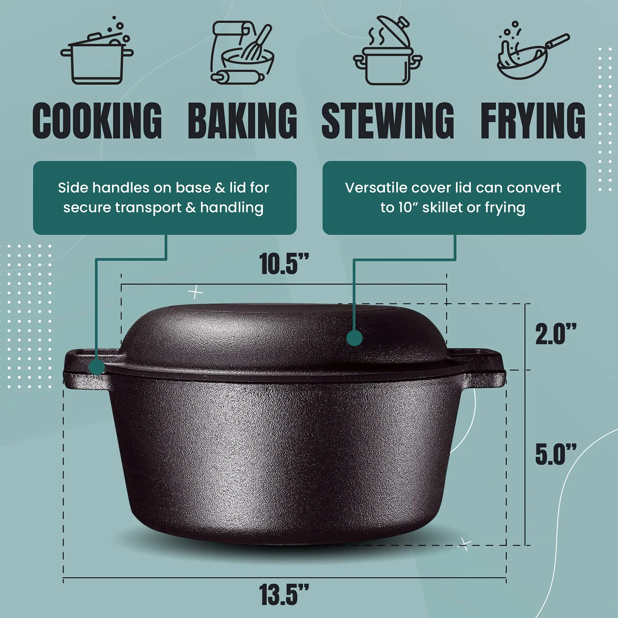 PreSeasoned 2 In 1 Cast Iron Pan 5 Quart Double Dutch Oven Set And Domed 10 Inch 1.6 Quar