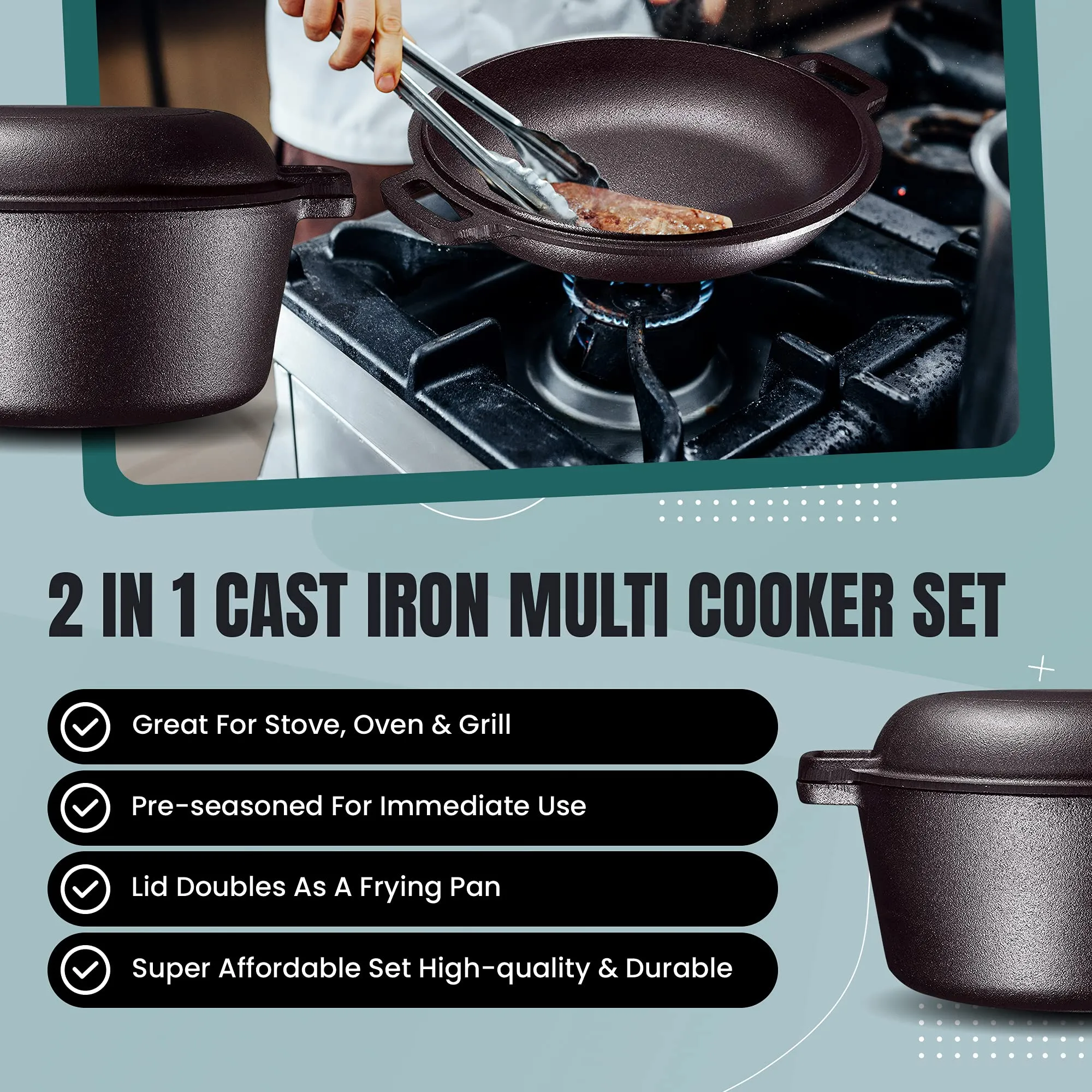 PreSeasoned 2 In 1 Cast Iron Pan 5 Quart Double Dutch Oven Set And Domed 10 Inch 1.6 Quar