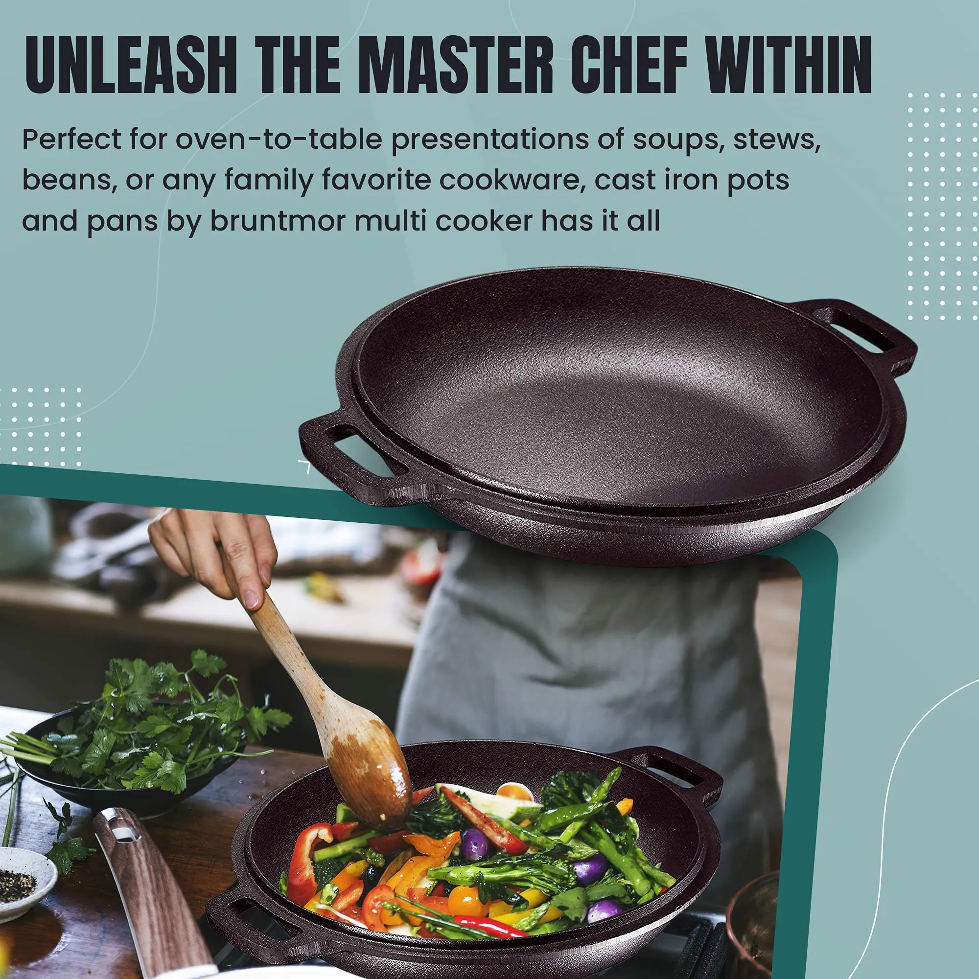 PreSeasoned 2 In 1 Cast Iron Pan 5 Quart Double Dutch Oven Set And Domed 10 Inch 1.6 Quar