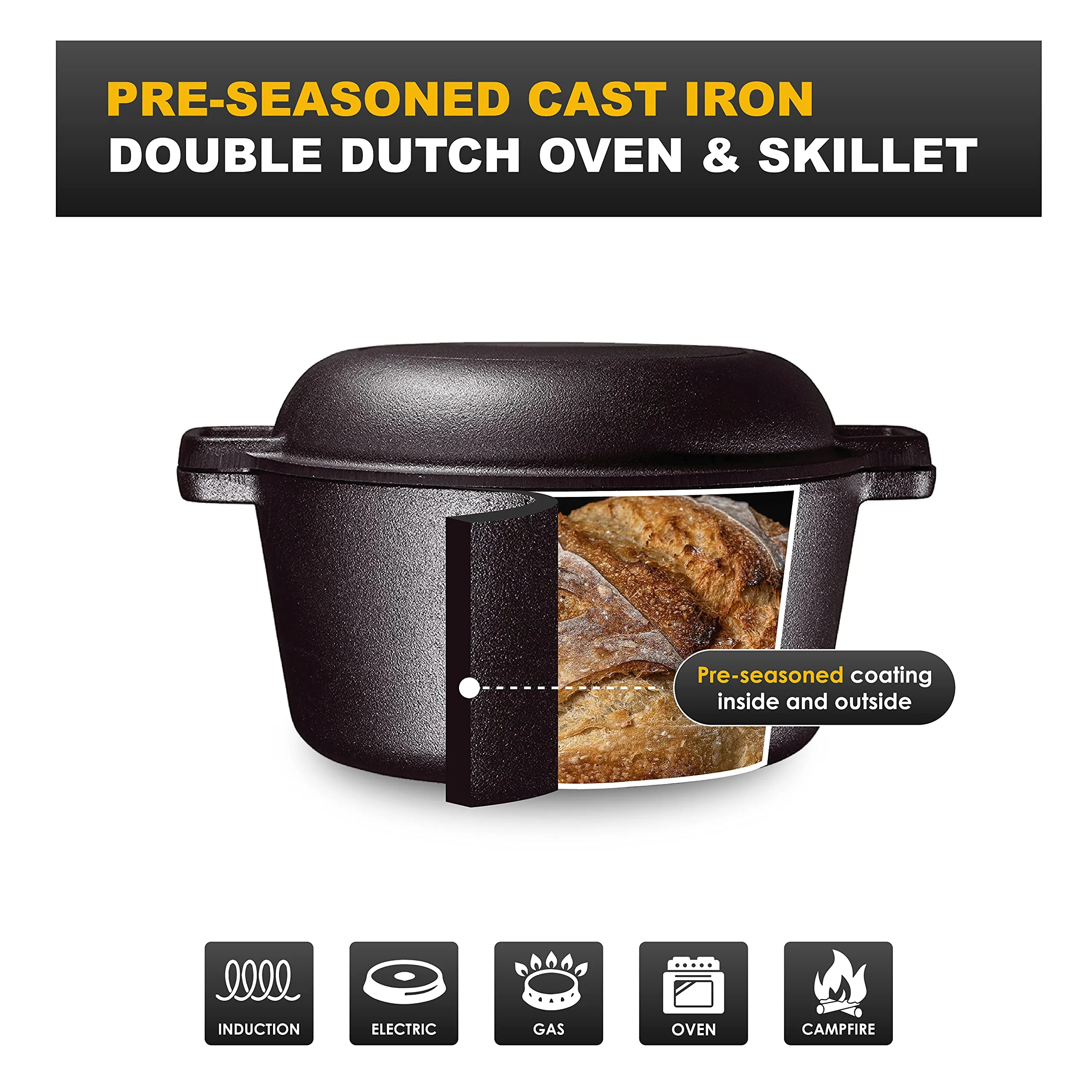 PreSeasoned 2 In 1 Cast Iron Pan 5 Quart Double Dutch Oven Set And Domed 10 Inch 1.6 Quar