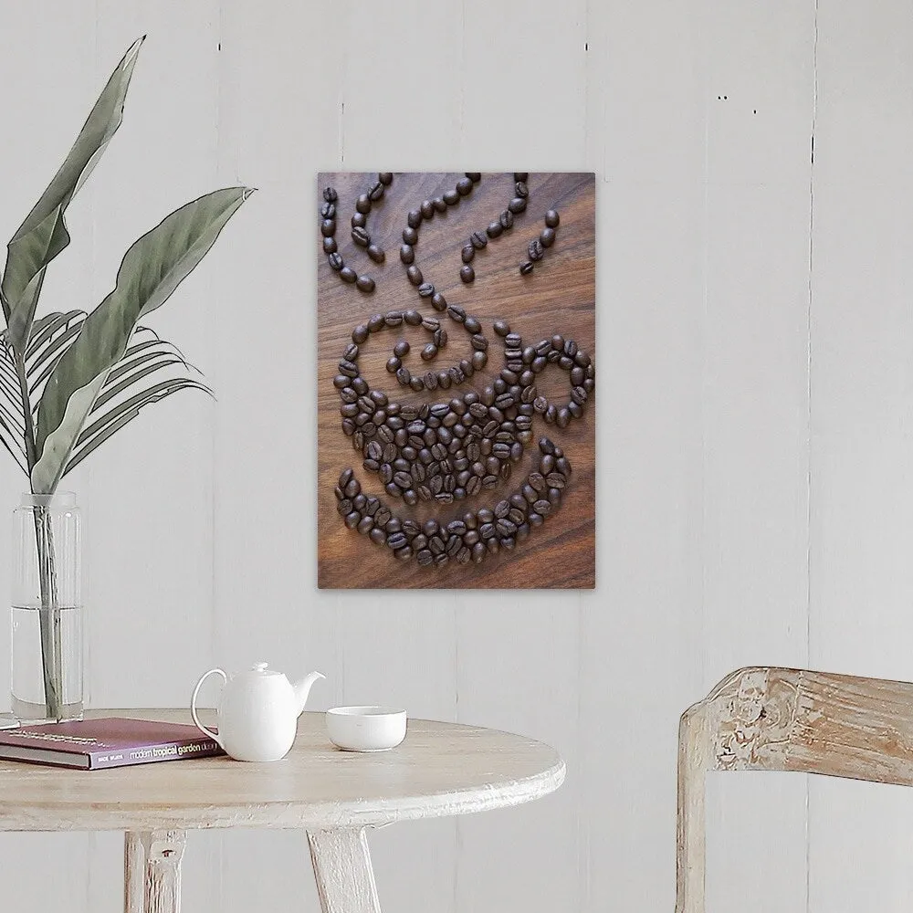 "A cup of coffee illustrated using coffee beans" Canvas Wall Art