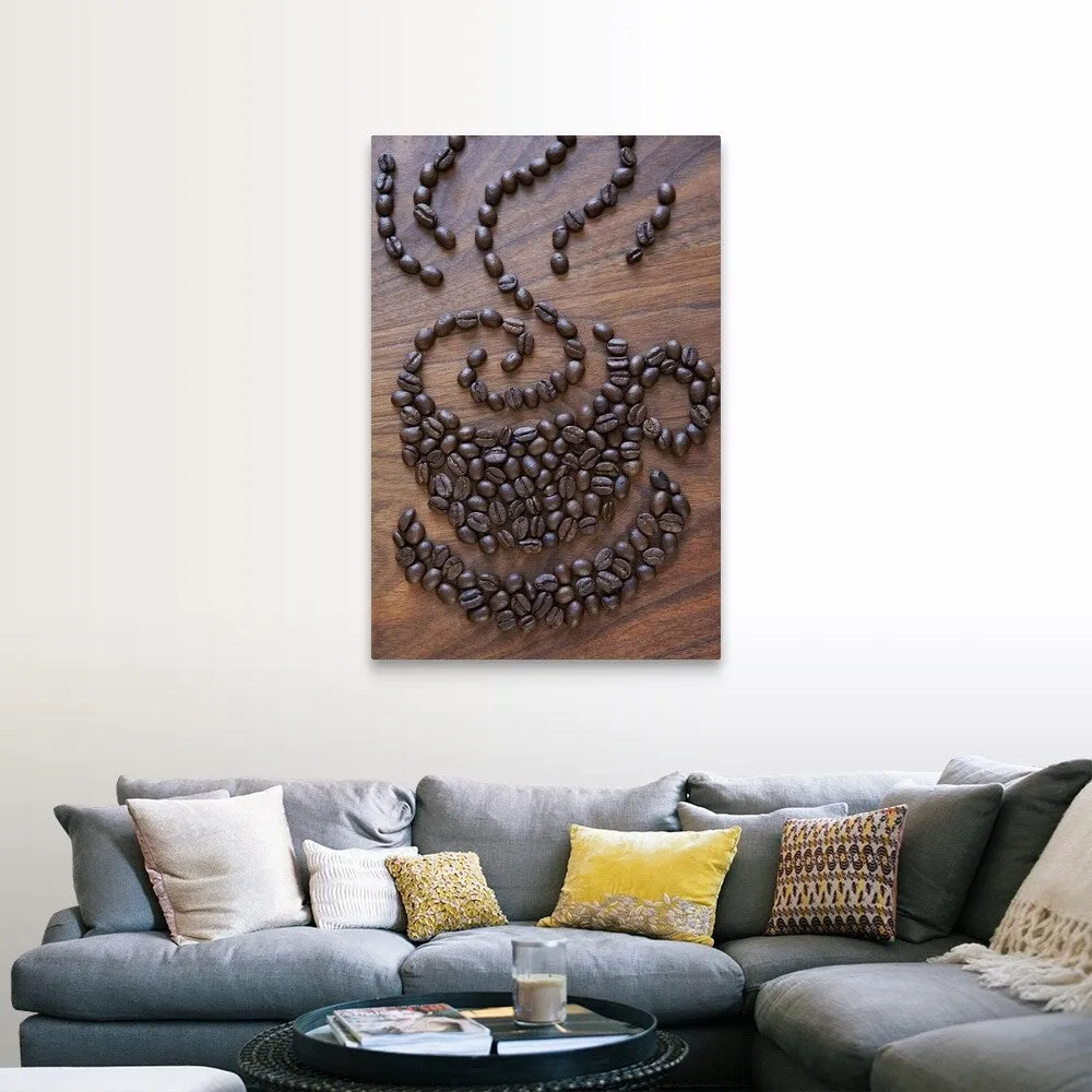 "A cup of coffee illustrated using coffee beans" Canvas Wall Art