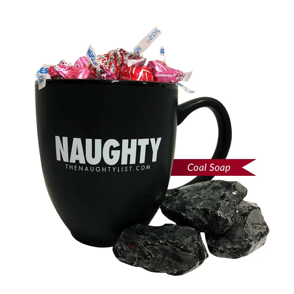 "Naughty" Black Coffee Mug/White Inner Finish Gift Set with Coal Soap & Hershey Kisses