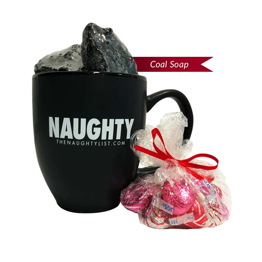 "Naughty" Black Coffee Mug/White Inner Finish Gift Set with Coal Soap & Hershey Kisses