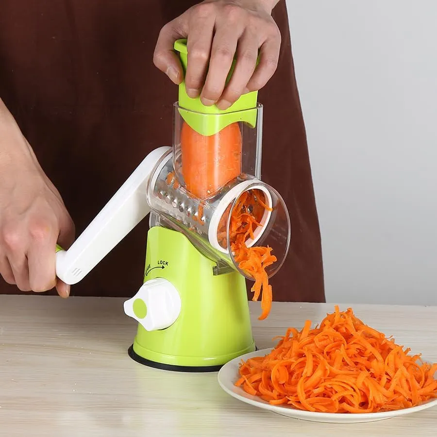 Rotary Cheese Grater Hand Crank, Kitchen Shredder Speed Mandolin Slicer Nut Grinder with Handle and Drum Blades for Cheese, Vegetable, Walnut, Chocolate, Potato, Carrot, 3 Blades, Green