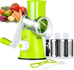 Rotary Cheese Grater Hand Crank, Kitchen Shredder Speed Mandolin Slicer Nut Grinder with Handle and Drum Blades for Cheese, Vegetable, Walnut, Chocolate, Potato, Carrot, 3 Blades, Green