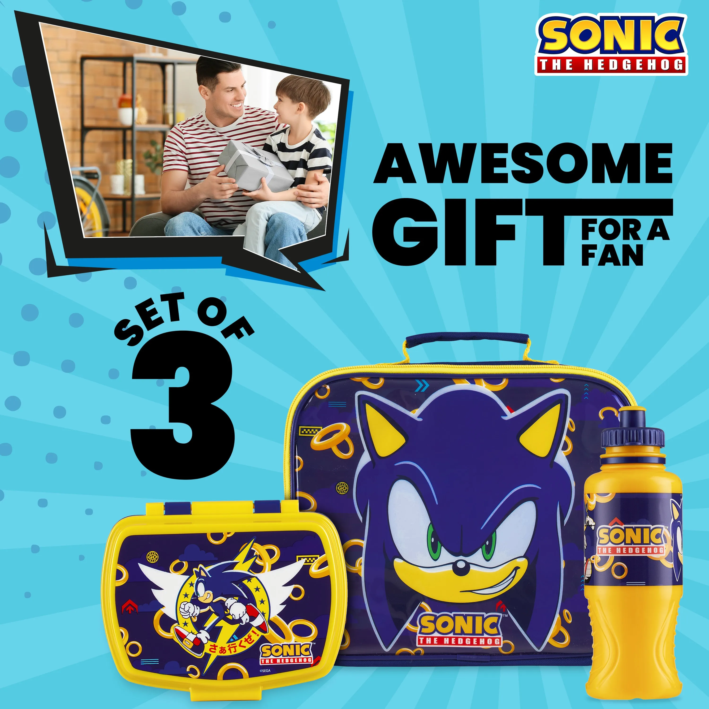 Sonic The Hedgehog Kids - 3 Piece Set Lunch Bag, Lunch Box & 430ml Water Bottle