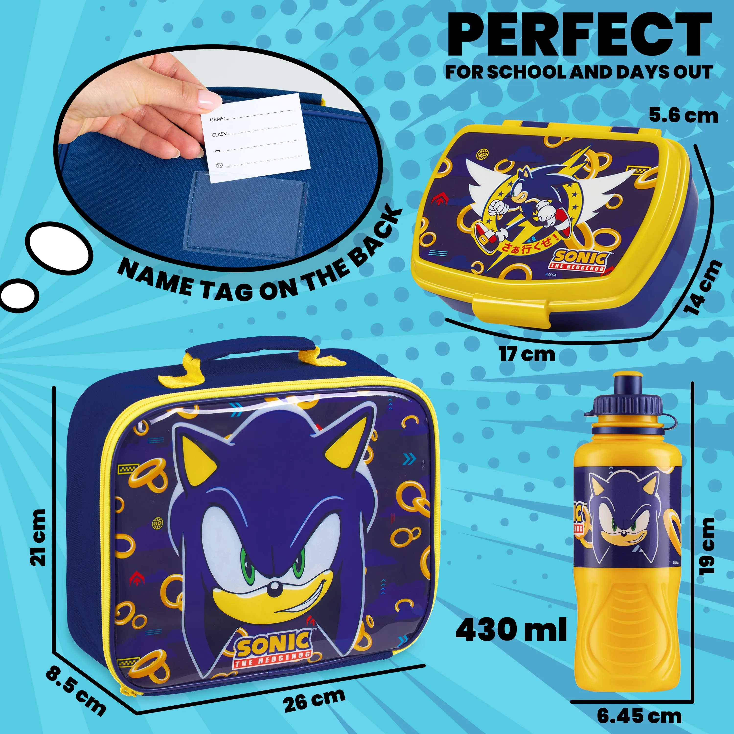 Sonic The Hedgehog Kids - 3 Piece Set Lunch Bag, Lunch Box & 430ml Water Bottle