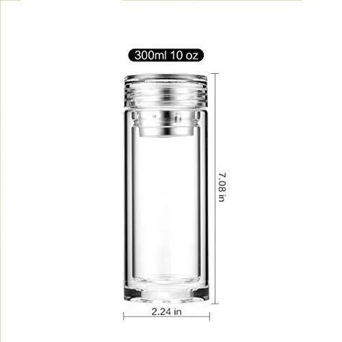 Styleys Glass Water Bottle, Double Walled Travel Mug with Removable Stainless Steel Infuser - Glass Tea and Coffee Tumbler with Sleeve Carrier, Lead-Free (S11080 - Transparent)