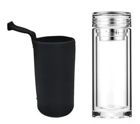 Styleys Glass Water Bottle, Double Walled Travel Mug with Removable Stainless Steel Infuser - Glass Tea and Coffee Tumbler with Sleeve Carrier, Lead-Free (S11080 - Transparent)