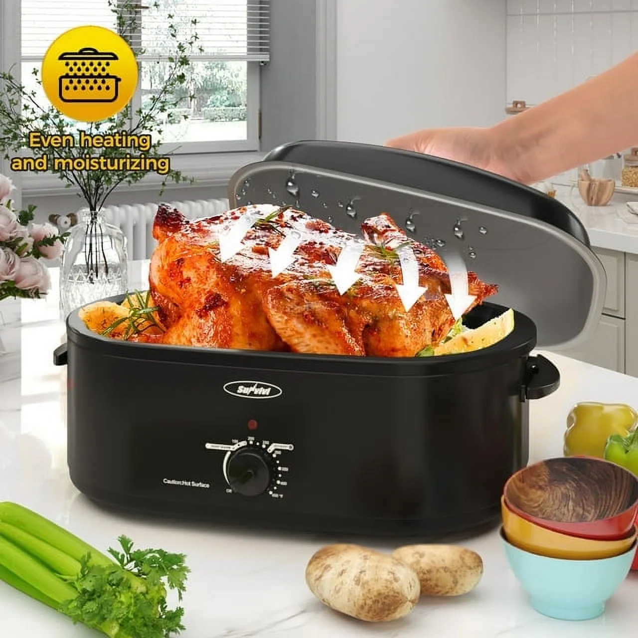 Sunvivi Roaster Oven, 20 Quart Electric Roaster Oven with Self-Basting Lid, Turkey Roaster Oven Buffet with Removable Pan, Cool-Touch Handles, Black roaster oven