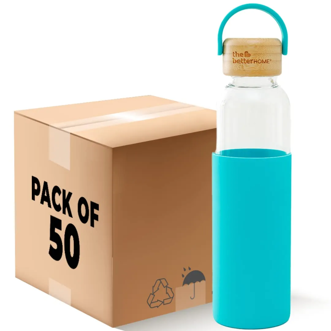 The Better Home Borosilicate Glass Water Bottle with Sleeve (500ml) | Non Slip Silicon Sleeve & Bamboo Lid | Water Bottles for Fridge | Light Blue (Pack of 50)