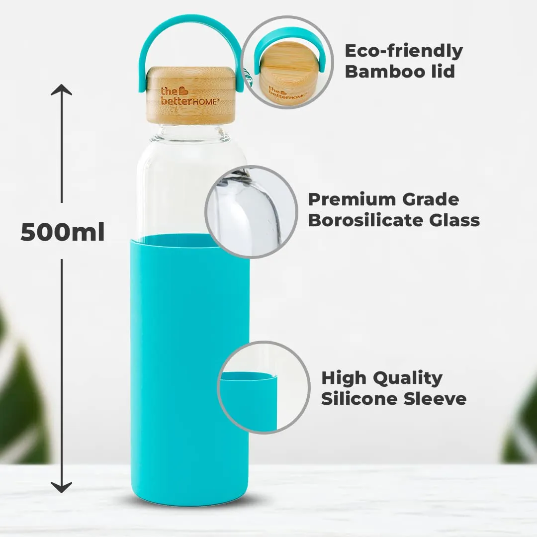 The Better Home Borosilicate Glass Water Bottle with Sleeve (500ml) | Non Slip Silicon Sleeve & Bamboo Lid | Water Bottles for Fridge | Light Blue (Pack of 50)