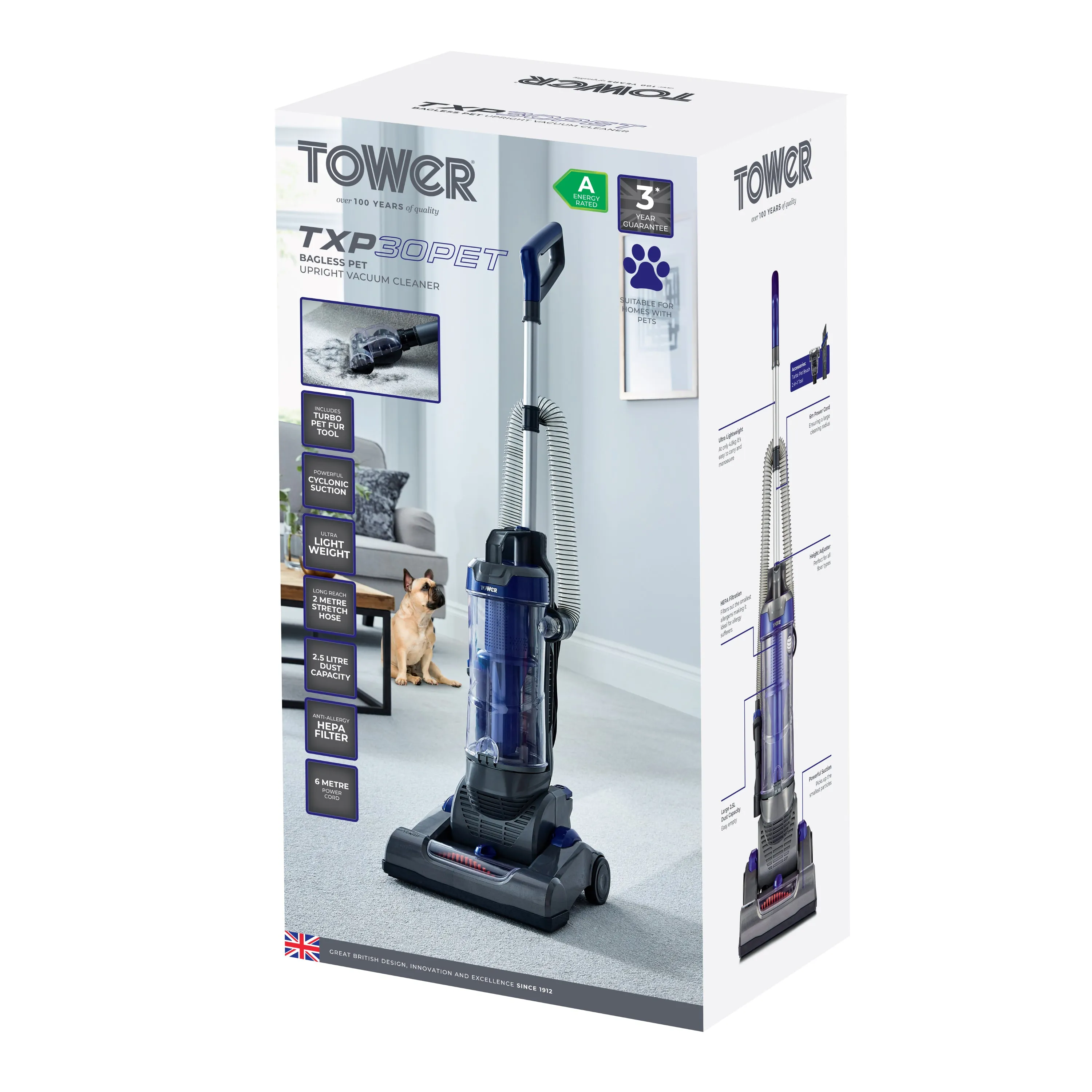 Tower TXP30PET Bagless Pet Upright Vacuum Cleaner - Blue