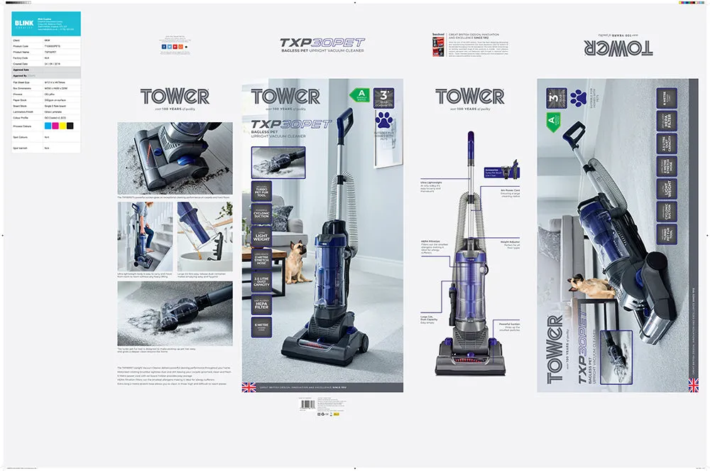 Tower TXP30PET Bagless Pet Upright Vacuum Cleaner - Blue