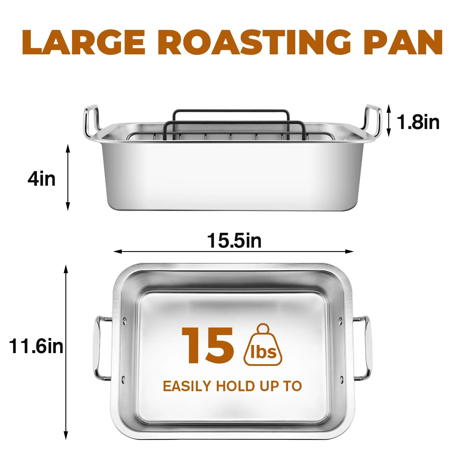 Turkey Roasting Pan with Nonstick Rack: Large 16 x 12 Inch Stainless Steel Turkey Roast Pan Set Rectangular Roaster – Perfect for Thanksgiving