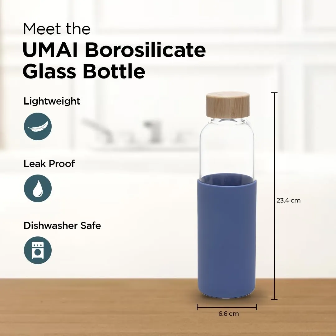 UMAI Borosilicate Glass Water Bottle with Sleeve 550ml | Non Slip Silicon Sleeve & Bamboo Lid | Fridge Water Bottle For Home & Office (Blue)