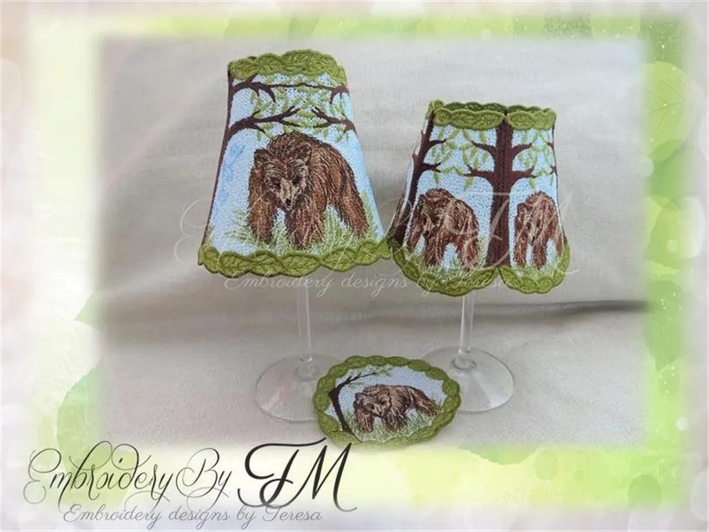 Wine glass shades bear / two variations  coaster / 5x7 and 4x4 hoop